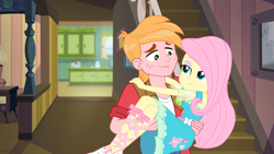 Size: 1920x1080 | Tagged: safe, edit, edited screencap, screencap, big macintosh, fluttershy, human, do it for the ponygram!, equestria girls, five to nine, g4, my little pony equestria girls: better together, bridal carry, carrying, clothes, dress, female, fluttershy boho dress, looking at each other, looking at someone, male, ship:fluttermac, shipping, smiling, smiling at each other, straight, stupid sexy big macintosh, stupid sexy fluttershy