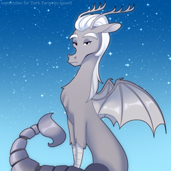 Size: 3000x3000 | Tagged: safe, artist:xjenn9, oc, oc only, draconequus, scorpion, antlers, blue background, commission, draconequus oc, high res, scorpion tail, simple background, sitting, solo, stars, tail, white hair, wings
