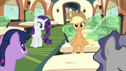 Size: 1334x750 | Tagged: safe, screencap, applejack, rarity, twilight sparkle, earth pony, pony, unicorn, g4, applejack's hat, cowboy hat, female, floppy ears, hat, mare, train