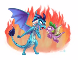 Size: 3400x2600 | Tagged: safe, artist:whitediamonds, part of a set, princess ember, spike, dragon, g4, angry, argument, dragoness, duo, female, fire, flying, high res, jewelry, male, ring, ship:emberspike, shipping, simple background, spread wings, straight, wedding ring, white background, winged spike, wings