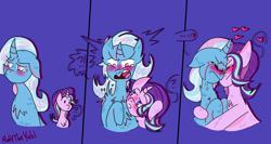 Size: 1884x1000 | Tagged: safe, artist:rubytheyubi, starlight glimmer, trixie, pony, unicorn, g4, 3 panel comic, blue background, blushing, chest fluff, comic, duo, female, heart, lesbian, one ear down, ship:startrix, shipping, simple background