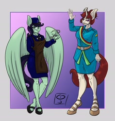 Size: 3000x3160 | Tagged: safe, artist:dimvitrarius, oc, oc only, oc:curiassity, oc:doughnut, pegasus, unicorn, anthro, anthro oc, apron, bare legs, clothes, curved horn, high res, hoof shoes, horn, simple background, skirt, uniform, wrench