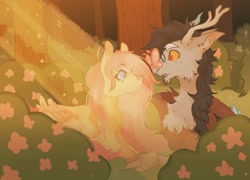 Size: 1042x750 | Tagged: safe, artist:dilfpooi, discord, fluttershy, butterfly, g4, antlers, female, flower, fluffy, glasses, male, ship:discoshy, shipping, straight, sunlight