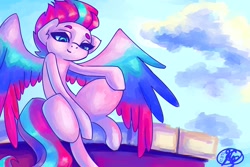Size: 1200x800 | Tagged: safe, artist:mannybcadavera, zipp storm, pegasus, pony, g5, cloud, colored wings, eyebrows, female, lidded eyes, looking at you, looking down, looking down at you, mare, multicolored wings, on roof, roof, signature, sitting, sky, smiling, smiling at you, solo, spread wings, wings