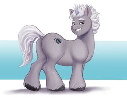Size: 3900x3024 | Tagged: safe, artist:sallylla, alphabittle blossomforth, pony, unicorn, g5, my little pony: a new generation, alphabooty, bedroom eyes, butt, dock, eyebrows, freckles, full body, grin, high res, horn, lidded eyes, male, plot, raised hoof, raised tail, seductive, seductive look, sexy, simple background, smiling, smug, solo, stallion, standing, stupid sexy alphabittle, tail, teeth, unshorn fetlocks, younger