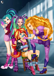 Size: 1000x1414 | Tagged: safe, artist:lord--opal, adagio dazzle, aria blaze, sonata dusk, sunset shimmer, human, equestria girls, g4, arm behind back, bondage, chair, duct tape, female, gag, human coloration, phone, smiling, sunset shimmer gets all the dazzlings, tape, tape bondage, tape gag, the dazzlings, tied to chair