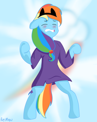 Size: 2000x2500 | Tagged: safe, artist:reinbou, rainbow dash, pony, semi-anthro, g4, alternate hairstyle, arm hooves, blushing, cat ears, clothes, high res, meme, sad cat dance, simple background, solo