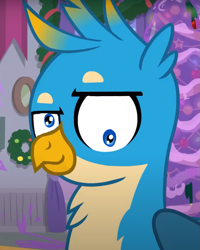 Size: 621x775 | Tagged: safe, edit, edited screencap, editor:horsesplease, screencap, gallus, griffon, g4, the hearth's warming club, derp, gallus the rooster, gallusposting, smiling, stupid