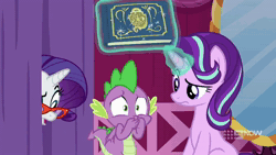 Size: 1280x720 | Tagged: safe, screencap, rarity, spike, starlight glimmer, dragon, pony, unicorn, a-dressing memories, g4, spoiler:a-dressing memories, 9now, animated, female, glowing, glowing horn, horn, magic, male, mare, sound, telekinesis, trio, webm, winged spike, wings
