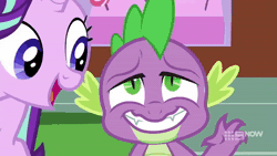 Size: 1280x720 | Tagged: safe, screencap, spike, starlight glimmer, dragon, pony, unicorn, cakes for the memories, g4, spoiler:cakes for the memories, 9now, animated, duo, female, male, mare, sound, webm