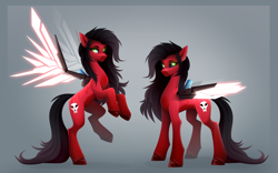 Size: 1082x676 | Tagged: safe, artist:buvanybu, oc, oc only, oc:scarlet shrike, cyborg, cyborg pony, pegasus, pony, amputee, artificial wings, augmented, chaos, crossover, female, hooves, khorne, pegasus oc, prosthetic eye, prosthetic limb, prosthetic wing, prosthetics, red and black oc, scar, slender, solo, thin, warhammer (game), warhammer 40k, wings