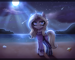 Size: 2800x2243 | Tagged: safe, artist:opal_radiance, oc, oc only, oc:silver bullet, unnamed oc, pony, unicorn, beach, empire, high res, horn, looking at you, moon, new lunar republic, night, shooting star, smiling, smiling at you, solo, unicorn oc