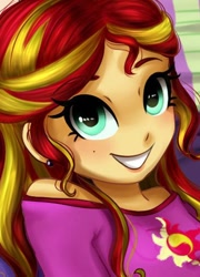 Size: 376x522 | Tagged: safe, artist:cosmicponye, edit, sunset shimmer, human, equestria girls, g4, cropped, cute, grin, shimmerbetes, smiling
