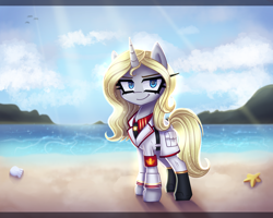 Size: 2800x2243 | Tagged: safe, artist:opal_radiance, oc, oc only, oc:silver bullet, unnamed oc, pony, unicorn, beach, cloud, empire, high res, horn, looking at you, smiling, smiling at you, smirk, solar empire, solo, sun, unicorn oc