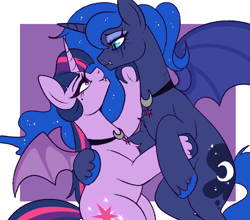 Size: 700x615 | Tagged: safe, artist:lulubell, princess luna, twilight sparkle, alicorn, bat pony, bat pony alicorn, pony, undead, vampire, vampony, g4, alternate universe, bat ponified, bat wings, beauty mark, caress, chest fluff, closed mouth, colored hooves, ethereal mane, eyeshadow, fangs, female, freckles, holding each other, horn, jewelry, lavender background, lesbian, lidded eyes, looking at each other, looking at someone, makeup, necklace, open mouth, passepartout, ponytail, race swap, running makeup, ship:twiluna, shipping, simple background, slit pupils, smiling, sparkly mane, spread wings, starry mane, twibat, twilight sparkle (alicorn), unshorn fetlocks, wings