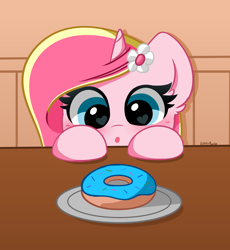Size: 3272x3552 | Tagged: safe, artist:kittyrosie, oc, oc only, oc:rosa flame, pony, unicorn, :o, cute, donut, female, food, heart, heart eyes, high res, horn, mare, ocbetes, open mouth, solo, unicorn oc, wingding eyes