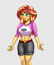 Size: 1500x1800 | Tagged: safe, artist:zachc, sunset shimmer, human, equestria girls, g4, adorasexy, belly button, belt, breasts, busty sunset shimmer, clothes, curvy, cute, denim, denim shorts, female, happy, jumper, open mouth, open smile, sexy, shorts, smiling, solo, stupid sexy sunset shimmer, teenager, turquoise eyes, two toned hair, yellow eyes