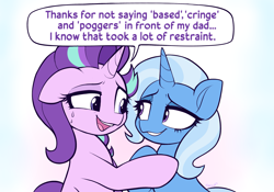 Size: 2927x2050 | Tagged: safe, artist:moozua, starlight glimmer, trixie, pony, unicorn, blushing, dialogue, female, floppy ears, implied firelight, lesbian, looking at each other, looking at someone, mare, open mouth, shipping, simple background, speech bubble, startrix, sweat
