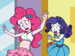 Size: 2224x1668 | Tagged: safe, artist:mayorlight, pinkie pie, rarity, human, fanfic:pinkie pie and the cursed belly jewel, equestria girls, g4, armpits, belly button, belly dance, body control, clothes, cutie mark on clothes, digital art, dress, duo, fanfic, fanfic art, fanfic cover, female, geode of shielding, geode of sugar bombs, legs, magical geodes, midriff, open mouth, procreate app, purse, raised arms, rarity peplum dress, skirt, sleeveless, sleeveless dress, tank top