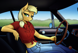 Size: 3401x2323 | Tagged: safe, artist:apocheck13, applejack, earth pony, anthro, g4, car, car interior, clothes, denim, dodge charger, female, front knot midriff, high res, jeans, looking back, midriff, pants, solo, waiting