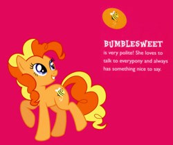 Size: 978x817 | Tagged: safe, artist:pagiepoppie12345, bumblesweet, bee, earth pony, insect, pony, g4, cutie mark, female, flying, mare, pink background, raised hoof, raised leg, simple background, smiling, text