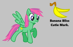 Size: 2216x1416 | Tagged: safe, artist:detailedatream1991, artist:ukulelemoon, banana bliss, pegasus, pony, g4, banana, female, food, gray background, mare, simple background, smiling, spread wings, text, wings