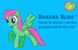 Size: 1243x802 | Tagged: safe, artist:detailedatream1991, artist:pagiepoppie12345, artist:ukulelemoon, banana bliss, pegasus, pony, g4, banana, blue background, cutie mark, female, food, mare, simple background, smiling, spread wings, text, wings