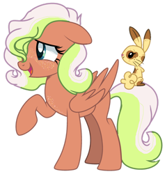 Size: 1280x1353 | Tagged: safe, artist:princess-kitsune-tsu, oc, oc only, pegasus, pony, rabbit, animal, base used, chest freckles, female, freckles, hair over one eye, mare, offspring, open mouth, parent:big macintosh, parent:fluttershy, parents:fluttermac, pet oc, raised hoof, simple background, smiling, traditional art, transparent background