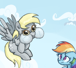 Size: 453x402 | Tagged: safe, artist:plunger, derpy hooves, rainbow dash, pegasus, pony, g4, drawthread, duo, female, flying, mare, ponified, ponified animal photo, puffy cheeks, requested art