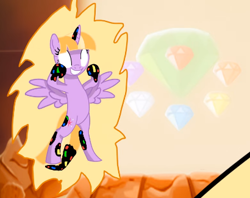 Size: 410x324 | Tagged: safe, artist:somefurryontheinternet, edit, twilight sparkle, alicorn, pony, g4, bipedal, chaos emerald, corrupted, cropped, dusk till dawn, error, female, glitch, horn, mare, master emerald, pibby, smiling, sonic the hedgehog (series), spread wings, super form, super sonic, twilight sparkle (alicorn), wings, youtube link