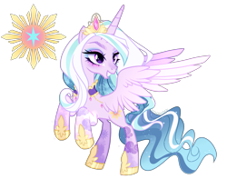 Size: 2869x2260 | Tagged: safe, artist:gihhbloonde, oc, alicorn, pony, body markings, colored wings, crown, eyeshadow, facial markings, female, gradient wings, grin, high res, hoof shoes, jewelry, magical lesbian spawn, makeup, mare, offspring, parent:princess celestia, parent:twilight sparkle, parents:twilestia, purple eyes, rearing, regalia, simple background, smiling, solo, sparkly mane, sparkly tail, spread wings, tail, tiara, transparent background, wings