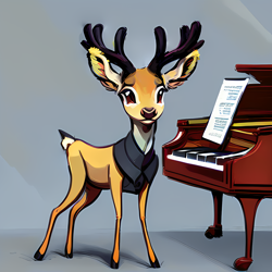 Size: 1024x1024 | Tagged: safe, ai assisted, ai content, editor:paracompact, generator:stable diffusion, oc, oc only, oc:bon vivant, deer, reindeer, fanfic:bug in a blizzard, clothes, deer oc, fanfic art, musical instrument, non-pony oc, piano, sheet music, simple background, solo, story in the source, suit