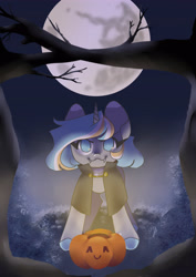 Size: 2894x4093 | Tagged: safe, artist:snowflake_pone, oc, oc only, oc:snowflake, pony, undead, unicorn, vampire, zombie, clothes, clown, commission, costume, cute, halloween, halloween costume, halloween ych, holiday, moon, pumpkin, solo, tree, witch, your character here