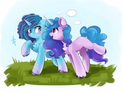 Size: 4000x3000 | Tagged: safe, artist:lazybread, izzy moonbow, misty brightdawn, pony, unicorn, g5, blushing, chest fluff, cute, duo, female, floppy ears, grass, happy, high res, horn, izzybetes, mare, mistybetes, open mouth, open smile, raised hoof, signature, smiling, speech bubble, talking
