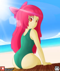Size: 2976x3507 | Tagged: safe, alternate character, alternate version, artist:minusclass, apple bloom, human, equestria girls, g4, ass, beach, bloom butt, butt, clothes, cloud, crepuscular rays, female, high res, lens flare, looking at you, looking back, looking back at you, one-piece swimsuit, patreon, patreon logo, sand, solo, summer, swimsuit, water