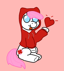 Size: 571x631 | Tagged: safe, nurse redheart, earth pony, pony, g4, :p, clothes, heart, hoodie, mlem, no pupils, silly, simple background, sitting, tongue out