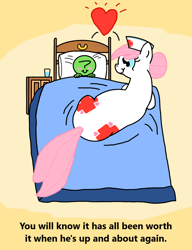 Size: 990x1288 | Tagged: artist needed, source needed, safe, nurse redheart, oc, oc:anon, earth pony, human, pony, g4, bed, blush sticker, blushing, both cutie marks, cute, female, floating heart, heart, heartabetes, mare, simple background, wholesome