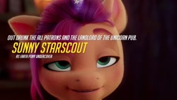 Size: 720x405 | Tagged: safe, edit, edited screencap, screencap, sunny starscout, earth pony, pony, g5, my little pony: a new generation, spoiler:my little pony: a new generation, drunk, fake horn, female, mare, one ear down, play of the game, solo
