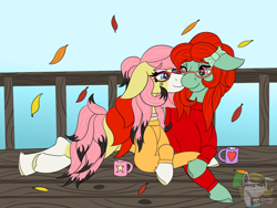Size: 1600x1200 | Tagged: safe, artist:gray star, derpibooru exclusive, oc, oc only, oc:sunny side(gray star), oc:wella heartsong, earth pony, pony, autumn, chocolate, choker, clothes, cuddling, female, floppy ears, food, glasses, happy, hot chocolate, leaves, shipping, sweater, trans female, transgender, transgender oc