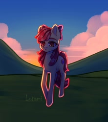 Size: 1500x1700 | Tagged: safe, artist:lotami_owo, apple bloom, earth pony, pony, g4, cloud, female, filly, foal, grass, grass field, solo, sunset