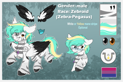 Size: 3920x2624 | Tagged: safe, artist:rokosmith26, oc, oc only, hybrid, pegasus, pony, zebra, zebrasus, zebroid, bisexual pride flag, blushing, chin fluff, claws, fangs, floppy ears, heterochromia, high res, jewelry, male, markings, necklace, pegasus oc, pride, pride flag, reference sheet, short hair, short mane, smiling, stallion, standing, tail, tribal, tribal markings, unshorn fetlocks, wing claws, wings