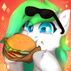 Size: 2480x2480 | Tagged: safe, artist:sinrinf, oc, oc:gumdrop, pony, abstract background, blue eyes, burger, cheese, commission, eating, flower, food, green mane, high res, lettuce, solo, sunglasses, sunglasses on head, tomato, ych result