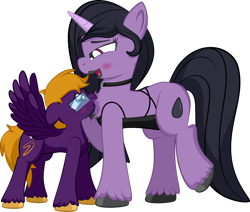 Size: 1920x1627 | Tagged: safe, artist:alexdti, oc, oc:purple creativity, pegasus, pony, unicorn, g5, blushing, chest fluff, choker, clothes, female, glasses, goth, mare, scrunchy face, simple background, size difference, spread wings, transparent background, unshorn fetlocks, wingboner, wings