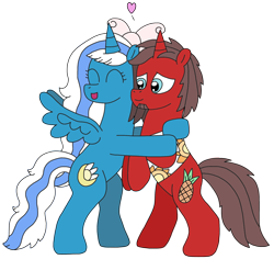 Size: 2536x2389 | Tagged: safe, artist:supahdonarudo, oc, oc only, oc:fleurbelle, oc:ironyoshi, alicorn, pony, unicorn, alicorn oc, bipedal, bow, clothes, duo, female, heart, high res, horn, hug, male, mare, shirt, simple background, stallion, transparent background, wings