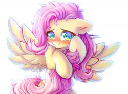 Size: 1270x935 | Tagged: safe, artist:chaosangeldesu, fluttershy, pegasus, pony, unicorn, g4, blushing, cute, daaaaaaaaaaaw, female, floppy ears, heart, heart eyes, looking at you, mare, prehensile tail, shyabetes, simple background, smiling, solo, tail, tail hold, white background, wingding eyes