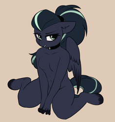 Size: 2780x2949 | Tagged: safe, artist:yoditax, oc, oc only, oc:arkessa, pegasus, anthro, breasts, choker, equine, fangs, featureless breasts, female, high res, ponytail, simple background, solo, tan background