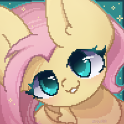 Size: 2000x2000 | Tagged: safe, artist:miryelis, fluttershy, pegasus, pony, g4, big ears, big eyes, cute, high res, looking at you, pixel art, simple background, smiling, smiling at you, solo, sparkles