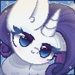 Size: 2000x2000 | Tagged: safe, artist:miryelis, rarity, pony, unicorn, g4, big ears, big eyes, blushing, cute, high res, horn, looking at you, pixel art, simple background, smiling, smiling at you, solo, sparkles