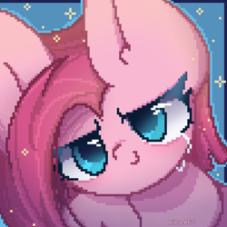 Size: 2000x2000 | Tagged: safe, artist:miryelis, pinkie pie, earth pony, pony, g4, big ears, big eyes, crying, cute, cuteamena, diapinkes, high res, looking at you, pinkamena diane pie, pixel art, simple background, smiling, smiling at you, solo, sparkles, tears of joy