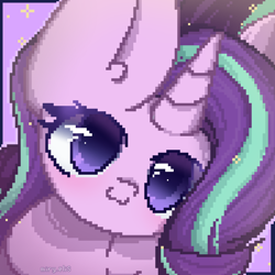 Size: 2000x2000 | Tagged: safe, artist:miryelis, starlight glimmer, pony, unicorn, g4, big ears, big eyes, blushing, cute, high res, horn, looking at you, pixel art, simple background, smiling, smiling at you, solo, sparkles
